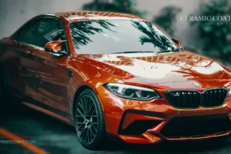 Ceramic coating applied on a BMW sports car, highlighting superior paint protection, shine, water repellency, and durability.