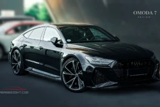 Black Omoda 7 SUV with a sporty coupe-inspired design, bold front fascia, alloy wheels, and premium exterior styling.