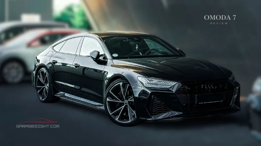 Black Omoda 7 SUV with a sporty coupe-inspired design, bold front fascia, alloy wheels, and premium exterior styling.